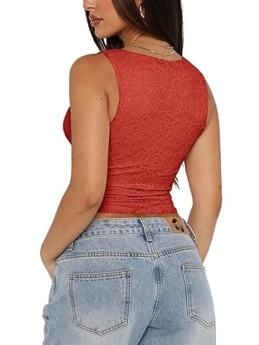 REORIA Womens Sexy V-Neck Sleeveless Double Lined Going Out Y2K Trendy Lace Cropped Tank Tops thumbnail 2
