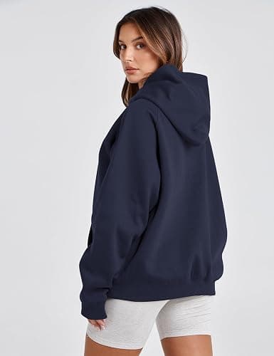 Lauweion Women Solid Basic Fleece Letter Loose Hoodie Sweatshirt Long Sleeve Kangaroo Pocket Drop Shoulder Pullovers Top thumbnail 5