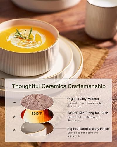 famiware Star Dinnerware Set, Plates and Bowls Sets for 4 (12pcs), Ribbed Stoneware Dishes - Chip & Scratch Resistant, Microwave & Dishwasher Safe Tableware, White thumbnail 5