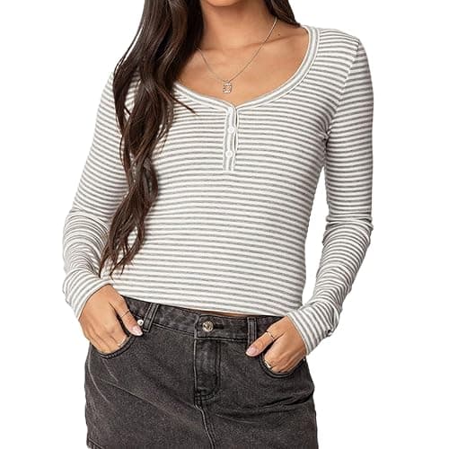Women Striped Long Sleeve Shirt V Neck Button Up Casual Basic Y2K Slim Fitted Crop Tops - Image 1