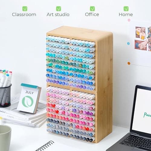 Ohuhu Bamboo Marker Organizer, Wooden Desktop Storage Hold 126 Markers, Pens, Pencils, Art Brushes Stationary Organizer Pencil Holder with 18 Compartments for Home, Classroom, Office Decor thumbnail 7