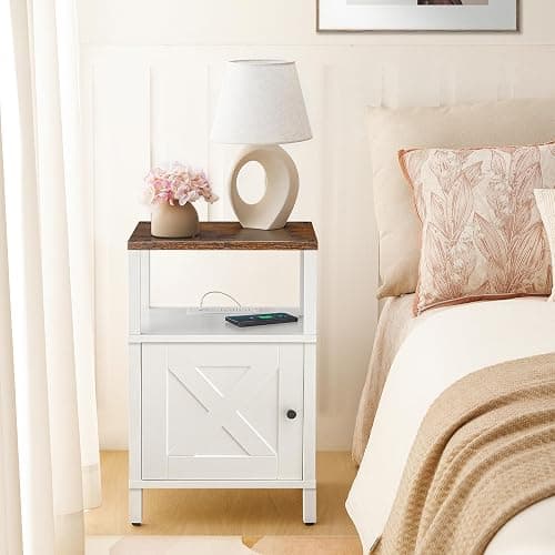 MAHANCRIS Farmhouse Nightstand with Charging Station, Barn Door End Table with USB Ports and Storage Cabinet, Bedside Table for Bedroom, Small Space, White and Rustic Brown ETRW96E01 thumbnail 5