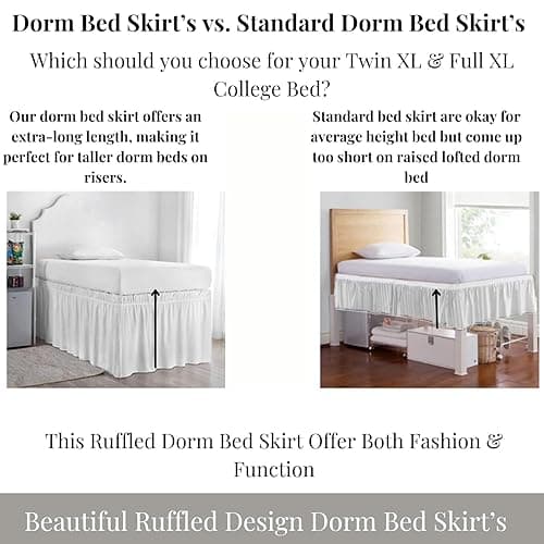 Dorm Bed Skirt Twin XL - Ruffled 36" Drop, 100% Microfiber, White Solid - Dorm Room Essentials and Décor - Twin XL - 36" Drop - White Solid thumbnail 8