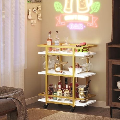 YATINEY 3 Tier Bar Cart, Home Bar Serving Cart with Wheels, Drink Cart with Glass Holder, Beverage Cart, Mobile Kitchen Cart, for Home, Garden, Party, Gold BC19DW - Image 1