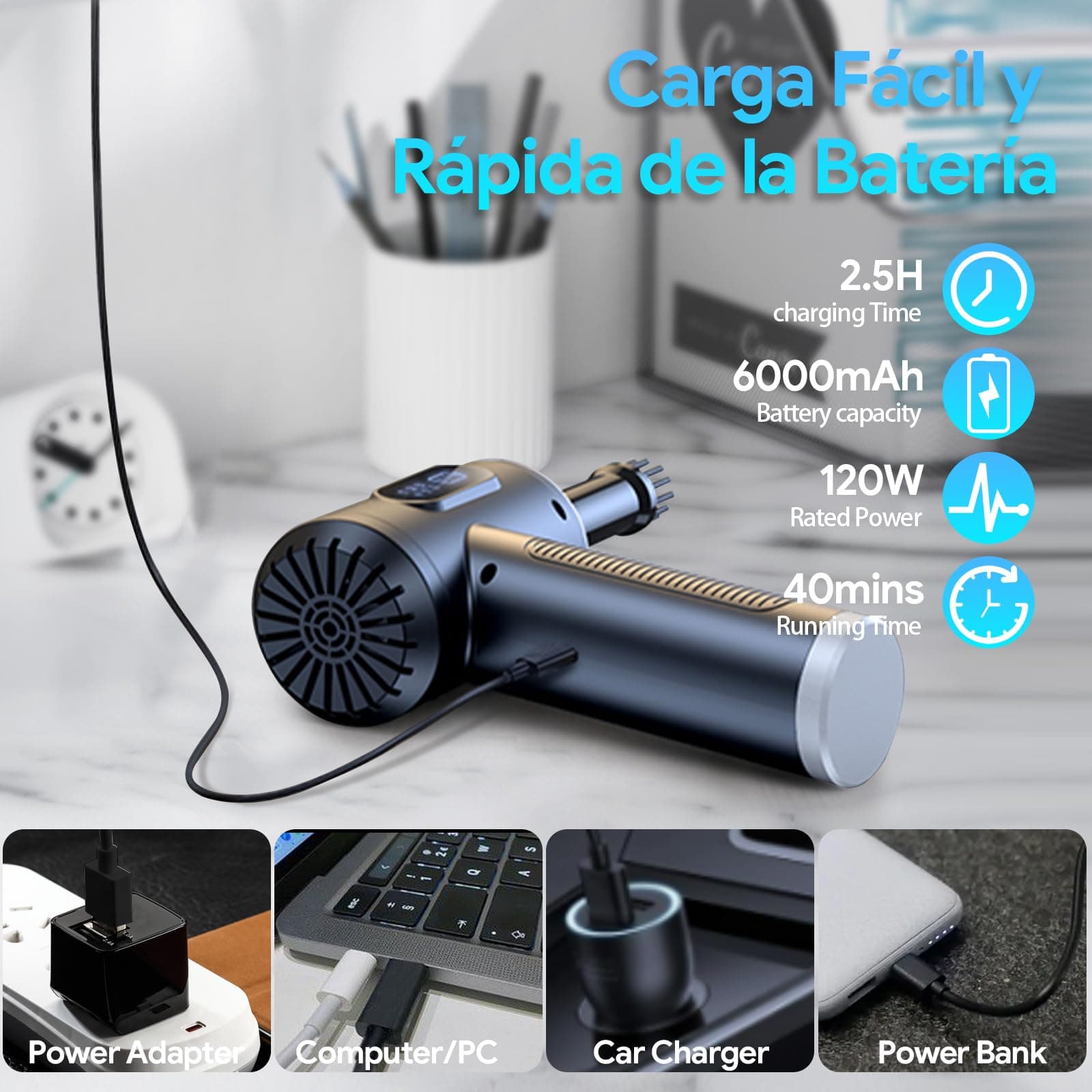 Aspiradora de Mano & Plumero de Aire, 2en1 Aspiradora Inalámbrica de 3 Velocidades con Batería Recargable de 6000mAh, 50000RPM Aire Comprimido con Luz LED, Para Limpiar Computadora,Coche,Hogar,Oficina thumbnail 4