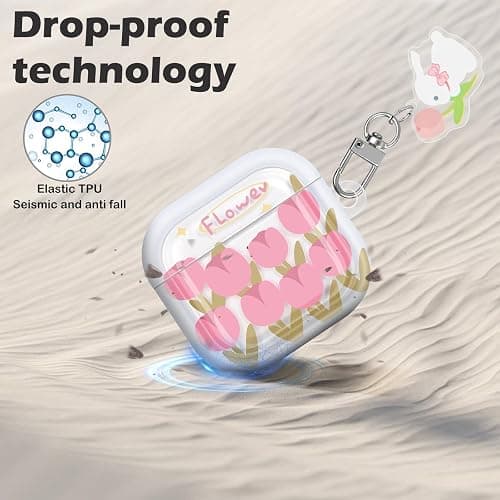 CameCosy Case Compatible for Airpods 4 Generation 2024 with Pendant, Cute Flower Cover with Pink Tulips Pattern for Girls Women, Protective Case in Shockproof Anti-Scratch Anti-Slip Anti-dust TPU thumbnail 5
