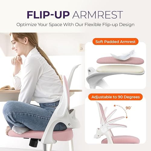 NEO CHAIR Office Desk Gaming Ergonomic Computer Chair with Lumbar Back Support Adjustable Height Swivel Rolling Wheels Flip-up Arms Mesh Chair for Home Vanity (Pink) thumbnail 5