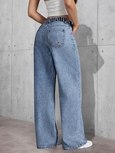 Gold Toucher Women Casual Cute Cherry Denim Pant Y2K Sweet Wide Leg Jeans thumbnail 2