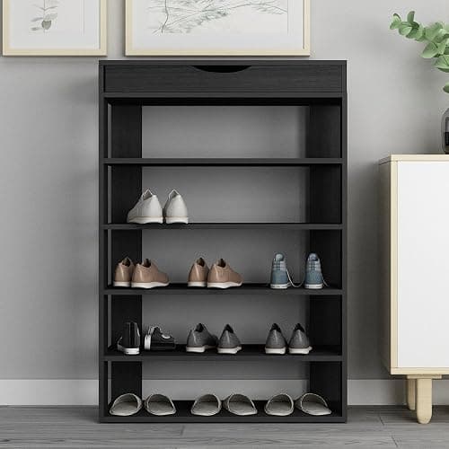 sogesfurniture 5-tier Wooden Shoes Rack Organizer with Storage Compartment, Free Standing Shoe Storage Shelf for Entryway, Living Room, Hallway, Doorway (29.5" Black) thumbnail 6