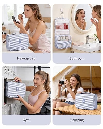 Narwey Small Hanging Toiletry Bag for Travel Women Girl, Striped Toiletries Travel Bag with Hook, Hanging Makeup Bag Organizer Make Up Cosmetic Bags, Gifts for Kids Teen (Greyish Blue Stripe) thumbnail 8
