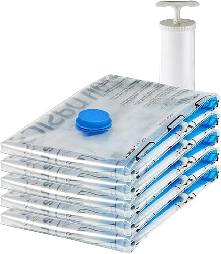 Amazon Basics Vacuum Compression Space Saving Storage Bags with Hand Pump, Large, Pack of 5, Clear - Image 1