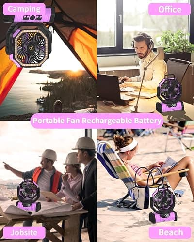 ADUST Camping Battery Operated Powered Fan with LED Lantern Light Portable 20000mAh Rechargeable Oscillating Fan with 360° Rotation Hanging Hook for Tents, Cordless USB Desk Fan(Pink) thumbnail 8