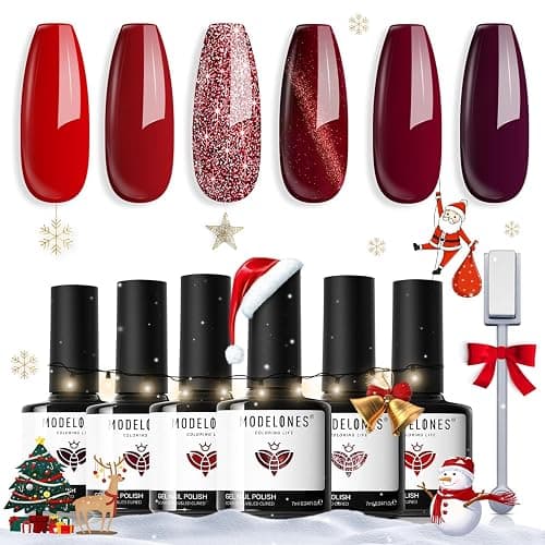 Modelones Gel Nail Polish 6 Colors Ruby Sparks Collection Popular Glitter Gel Polish Cat Eye Burgundy Red Sparkle Bloody Red Nail Polish Kit Art, DIY Home Salon Gifts for Women - Image 1