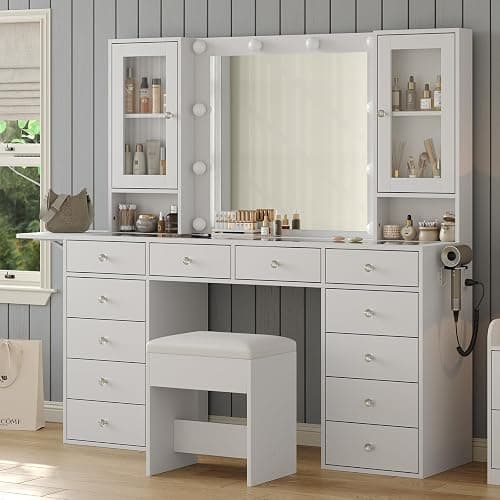 Vanity with Mirror and 10 LED Lights,Vanity Desk with Power Outlet, Makeup Vanity with 12 Drawers and 2 Cabinets, Fold-up Panel, Glass Top Vanity Table with Chair for Bedroom, White thumbnail 3