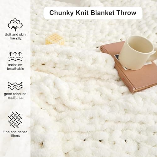 Mooreeke Chunky Knit Blanket 40"x50" White Cream Soft Washable Chenille Throw Blanket Cozy 100% Handmade Crochet Blankets with Jumbo Chenille Yarn for Couch Bed Sofa Room Decor thumbnail 5