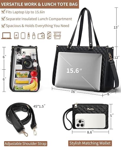 Bagstellar Lunch Tote Bag for Women, 15.6 Inch Laptop Work Bag with Insulated Lunch Box Compartment & Purse Large Capacity Quilted Computer Handbag for Office Business Work Nurse Teacher Travel Casual thumbnail 3