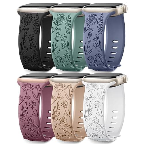 SNBLK 6 Pack Floral Engraved Bands Compatible with Apple Watch Bands 40mm 41mm 42mm 38mm 44mm 45mm 46mm 49mm Women Men, Silicone Flower Pattern Strap for iWatch Series 11 10 Se Ultra 9 8 7 6 5 4 3 2 1 - Image 1