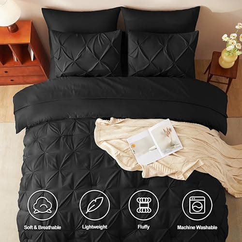 CozyLux Queen Comforter Set Black, 7 Pieces Pintuck Bed in A Bag, Premium Black Comforter Queen Size, Pinch Pleat Bedding Sets with Comforter, Sheets, Pillowcases & Shams thumbnail 2