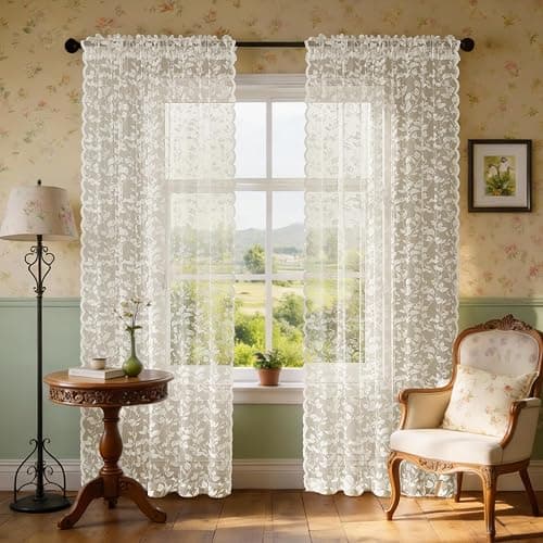 Rinwoc Beige Lace Sheer Curtains – Vintage Leaves Pattern Lace Curtains for Living Room/Bedroom, Light Filtering Modern Privacy Light Filtering Rod Pocket Window Drapes, 52W x 63L Inch, 2 Panels thumbnail 6