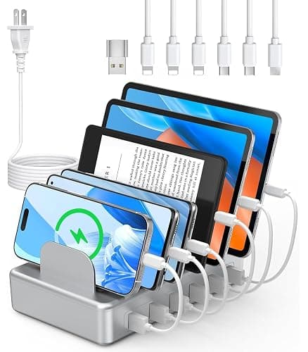 CREATIVE DESIGN 6 Port Charging Station for Multiple Devices,50W Multi Phone Charging Station with 6 Cables, Multiple USB Charger Station Designed for Cellphone iPad iPhone Tablet (Silver) - Image 1