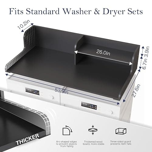 DTK Washer Dryer Wood Countertop with Shelf, Laundry Topper with Non-Slip Mat,27.55" Depth x 54" Width Dryer Covers for The Top with Edge Rails, Black thumbnail 2