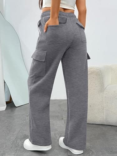 Trendy Queen Women's Cargo Sweatpants, Wide Leg Workwear Pants with Pockets & Elastic Waist, Casual Joggers for Travel thumbnail 3