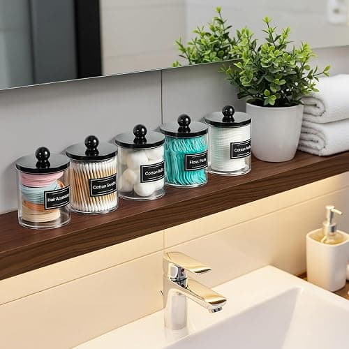 8 Pack Acrylic Qtip Holder Dispenser for Cotton Swabs, Balls, Pads, Floss - Plastic Canister Apothecary Jar Set, Bathroom Essentials Accessories Decor Vanity Makeup Storage Organizer - Clear & Black thumbnail 8