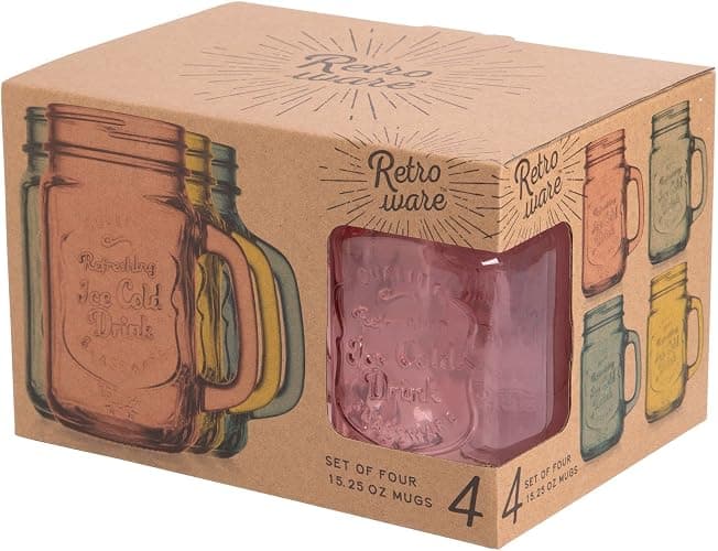 Glaver's Mason Jar Drinking Glasses Set Of 4, 15 oz. Colored Mugs With Embossed Ice-Cold Drinkware Logo, Glass Mason Jar Mug With Handle. For Smoothies, Cocktails, Beverages. Hand Wash thumbnail 4