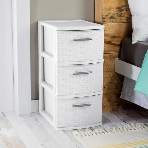 Three-layer woven tower storage organizer, plastic drawer with handles, suitable for bedroom wardrobe office, white decorative cabinet thumbnail 4