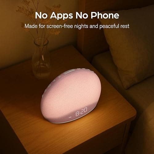 HOUSBAY Sunrise Alarm Clock, White Noise Sound Machine for Bedroom | Natural Wake-Up Light with Gentle Alarm Sounds, 20 Soothing Sleep Aids, Dimmable Display, Screen-Free Design - Pink thumbnail 6