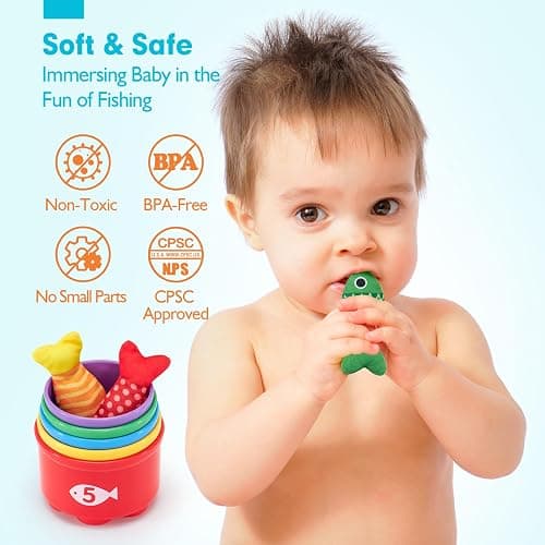 hahaland Montessori Toys for 1 Year Old Boy Girl Birthday Gift - 10 in 1 Cloth Fishing Game Easter Basket Stuffers for Toddler Toys 1-3 with Stacking Cups - Number Counting, Color Sorting Learning thumbnail 6