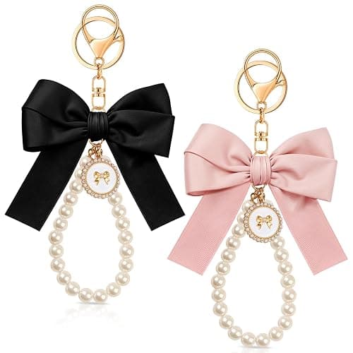 Neptniopllab Bow Keychain Pink Bow Charm Pearl Wristlet Keyring Keychain for Women Purse Bag Charm - Pink+balck-2pcs - Image 1