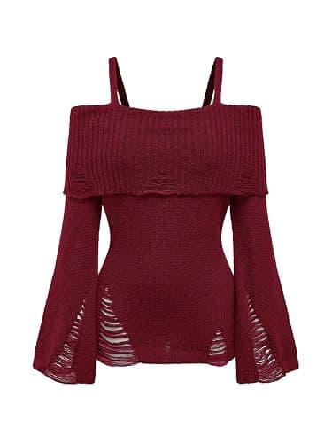 SOLY HUX Women's Cold Shoulder Ripped Sweater Goth Punk Long Sleeve Fitted Jumper Pullovers - Image 1