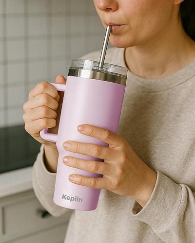 Keplin 40 oz / 1200 ml Insulated Travel Tumbler – Double Wall Stainless Steel Cup with Leak-Proof Lid, Thermal Flask Keeps Drinks Hot & Cold, Dishwasher Safe, Fits Car Cup Holders - Cream Pink thumbnail 2