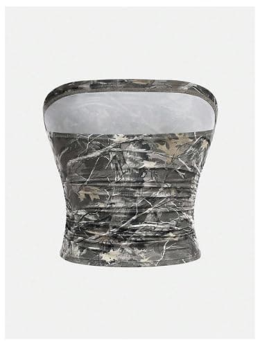 WDIRARA Girl's Camo Print Ruched Tube Top Strapless Sleeveless Bandeau Tops thumbnail 2