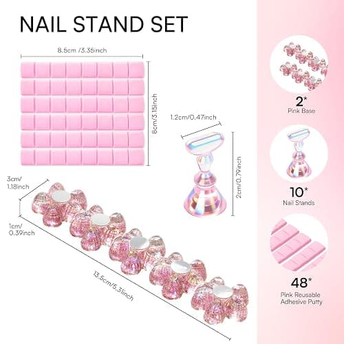 Makartt Nail Stand: Nail Art Display Practice Nail Stand for Press on Nails, Pink Flower Nail Holder for DIY Designs, Magnetic Press on Nail Stand with 48PCS Reusable Adhesive Putty for Home DIY Salon thumbnail 9