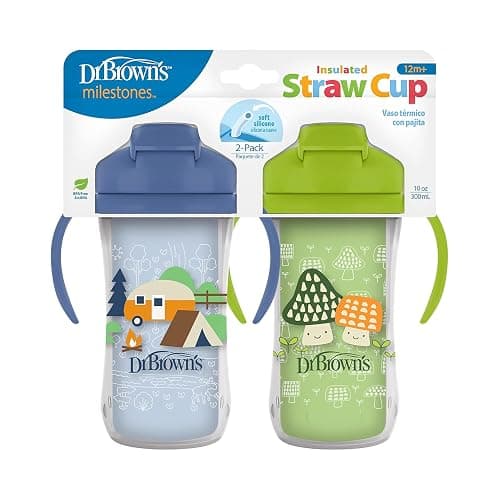Dr. Brown's Milestones Insulated Sippy Cup with Straw and Handles, Spill-Proof Tumbler with Lid, 2-Pack, Blue & Green, 10 oz/300 mL, BPA Free, 12m+ | Insulated, with Straw, and Handles, Spill-Proof, with Lid, BPA Free - Image 1