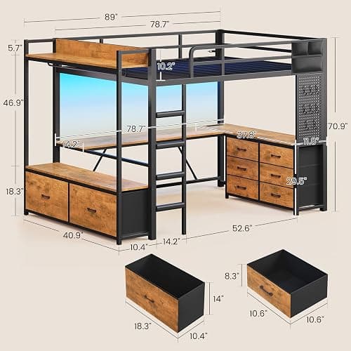 Itaar Twin Loft Bed with L-Shaped Desk and 8 Storage Drawers, Metal Kids Loft Bed Twin with Led Lights & Charging Sation, Hall Tree, Safety Guard & Ladder, No Box Spring Needed, Rustic Brown thumbnail 2