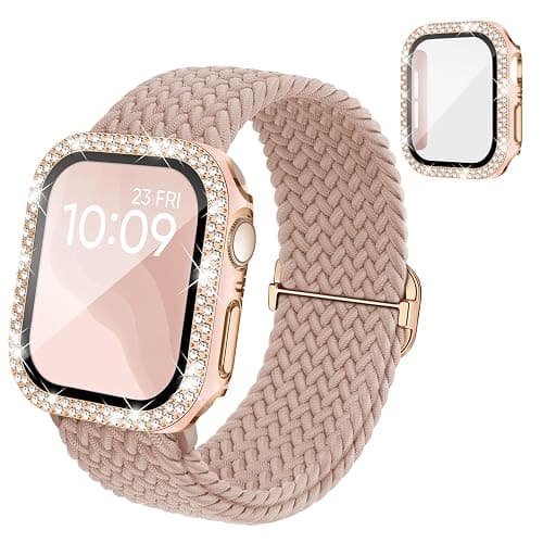 Braided Stretchy Band Compatible for Apple Watch Bands for Women and Case 40mm 41mm 42mm 44mm 45mm 46mm, Solace Solo Loop Bling Diamond Screen Protector Cover for iWatch Series 11 10 9 8 7 SE 6 5 4 - Image 1