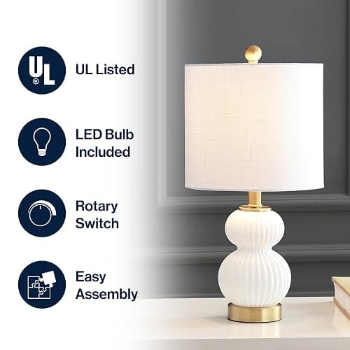 JONATHAN Y 20" White/Brass Gold Ribbed Gourd Glass Table Lamp, Modern Bedside Lamp for Bedroom Living Room, White Linen Drum Shade, LED Bulb Included JYL1099A thumbnail 4