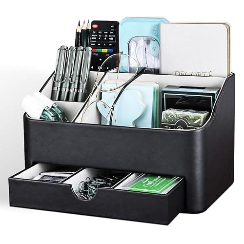 KINGFOM Desk Tidy Organiser mit 5 Grids and Drawer, PU Leather Desk Organiser Office Desktop Stationary Organiser Holder Large Capacity Pen Pot Pen Holder for Desk Accessories (Black) thumbnail 9