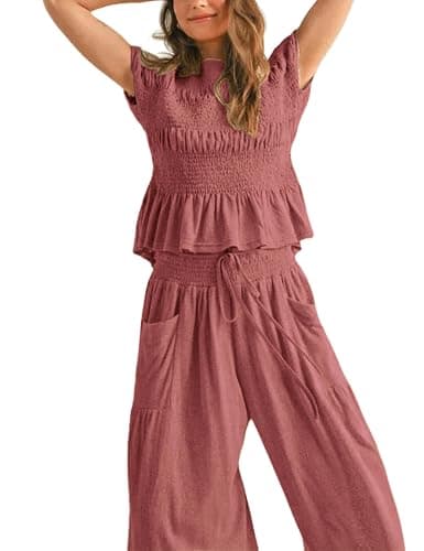 Antnation Womens 2 Piece Smocked Top Wide-Leg Pants Set High-Waisted Lounge Outfit with Pockets Casual Boho Matching Set thumbnail 2