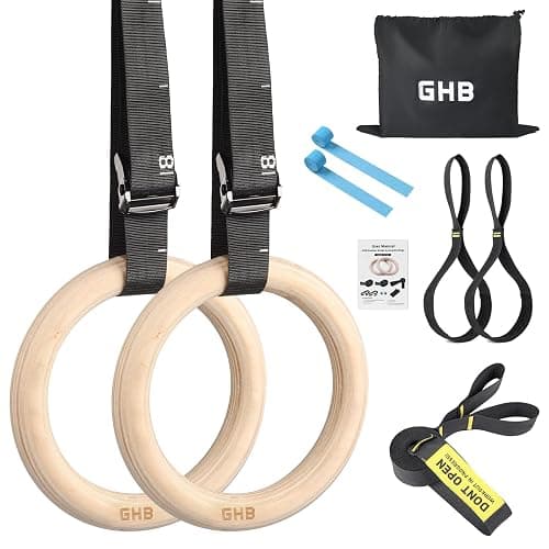 GHB Gymnastic Rings Wooden Gym Rings 1.25" Olympic Rings Adjustable Straps Pull Up Rings Sets for Workout Bodyweight Fitness Training - Image 1