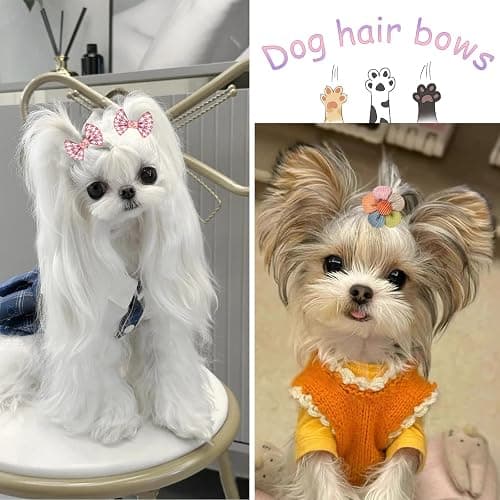 FGISAR 20 Pcs Small Dog Hair Bows with Rubber Bands Handmade Puppy Hair Bows Cute Grooming Flower Ball Bowknot Top Knot Dog Hair Accessories Hair Ties for Yorkie Maltese Pet (Pink) ﻿ thumbnail 6