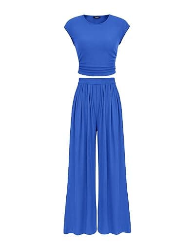 PRETTYGARDEN Women's Summer 2 Piece Outfits 2026 Cap Sleeve Ruched Slim T Shirt Ribbed Knit Wide Leg Pant Sets Tracksuit - Image 1