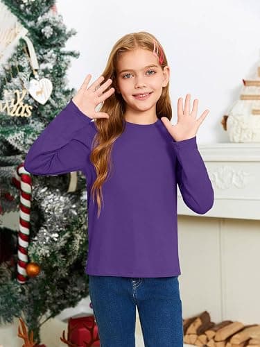 Haloumoning Girls Long Sleeve T Shirts Kids Fall Tops 5-14 Years | Crewneck, Basic Tees,Solid Color,Fashion Clothes thumbnail 5