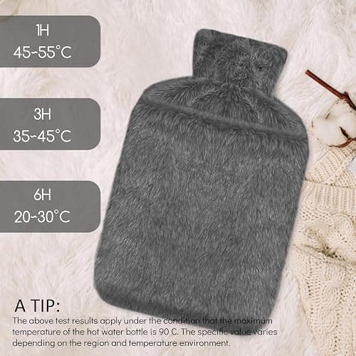 Jsdoin Hot Water Bottle with Luxury Cosy Faux Fur Cover UK, 2L Leakproof Hot Water Bag for Neck, Shoulder Pain and Hand Feet Warmer (Darkgrey) thumbnail 6