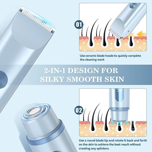 Bikini Trimmer for Women 2in1 High Power Epilators Hair Removal Waterproof Electric Razors Women's Electric Razor Pubic Hair Trimmer Shaver for Women for Ladies Pubic, Face, Underarms, Legs (Blue) thumbnail 5
