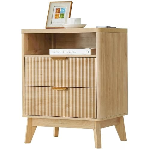 LYNCOHOME 2 Drawer Fluted Nightstand - Wooden Side Table with Open Storage Cabinet & Wood Legs for Bedroom - 1 Pack - Image 1