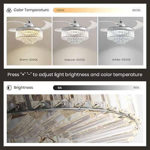 36" Fandelier, Crystal Ceiling Fan with Lights and Remote, Invisible Retractable Dimmable Chandelier Fan, 6-Speed Reversible Timer Ceiling Fan Light Kit for Bedroom Living Room Dining Room-Chrome thumbnail 3